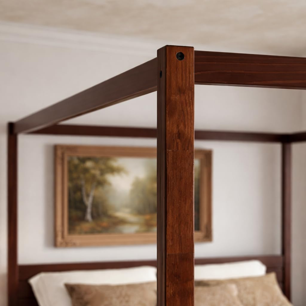 Solid Pine Canopy Bed Frame, King - Walnut Finish