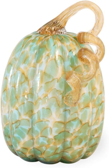 Decorative Handblown Glass Pumpkin Figurine, 5 x 8.5-Inches, Green and Gold