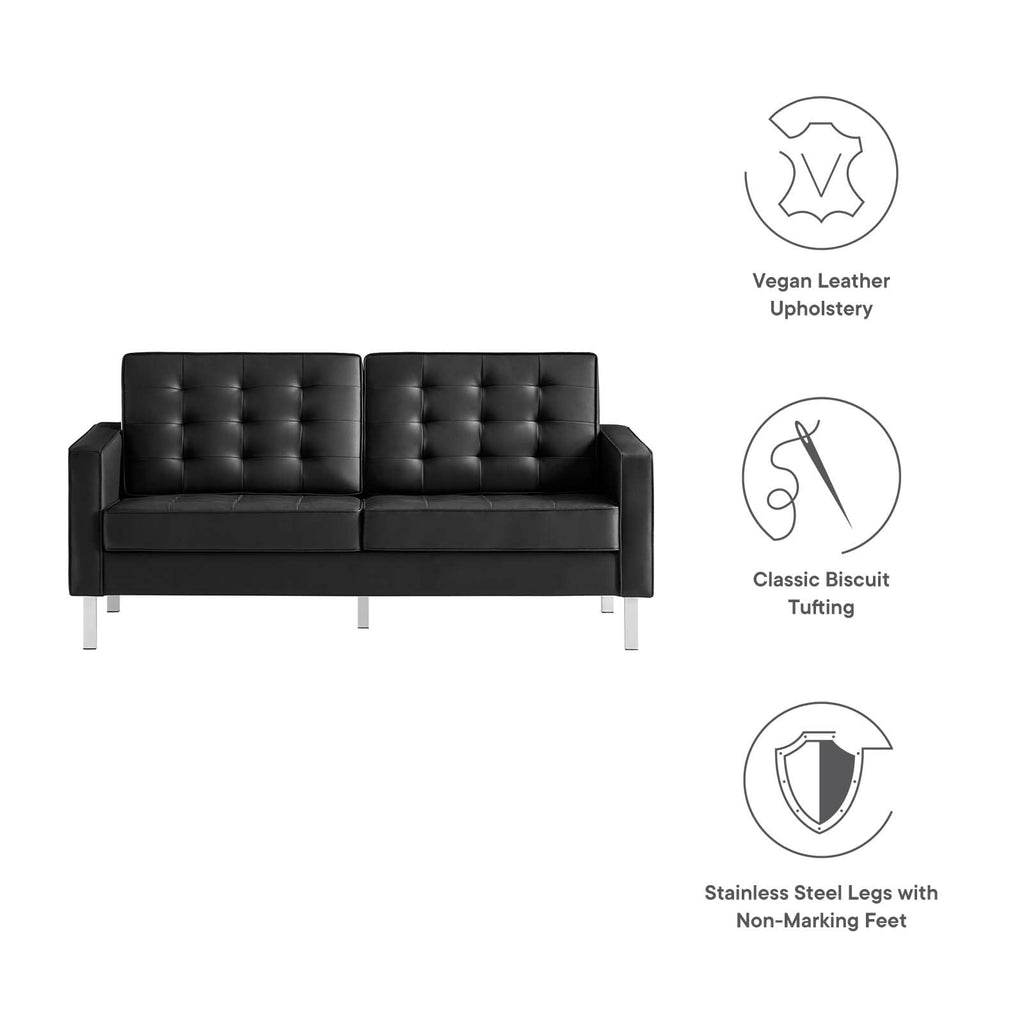 Loft Tufted Button Faux Leather Upholstered Loveseat in Silver Black
