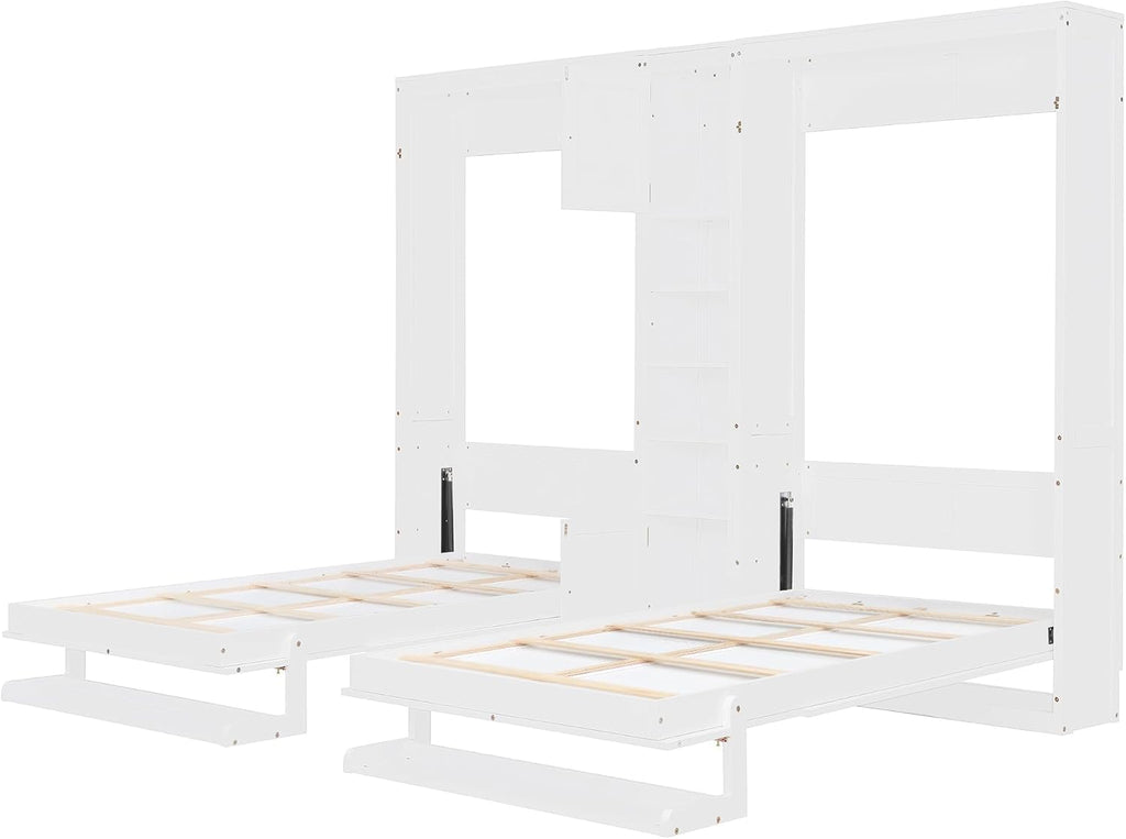 Dual Twin Murphy Bed with Cabinets and Shelves, Space Saving Wall Bed with Storage, Foldable Twin Beds with