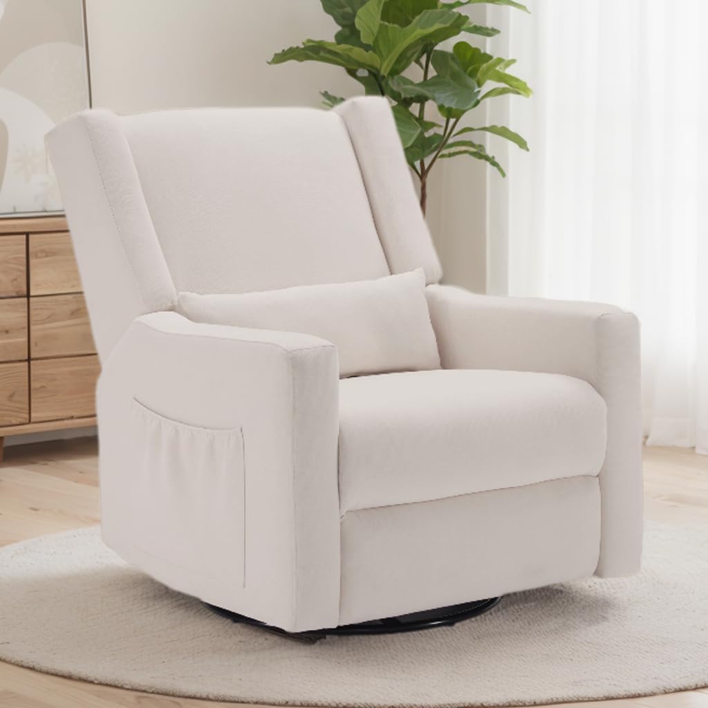 32" Nursery Rocking Chair, 360° Swivel Recliner Chair with Lumbar Support, Comfy Upholstered Armchair with Pillows &