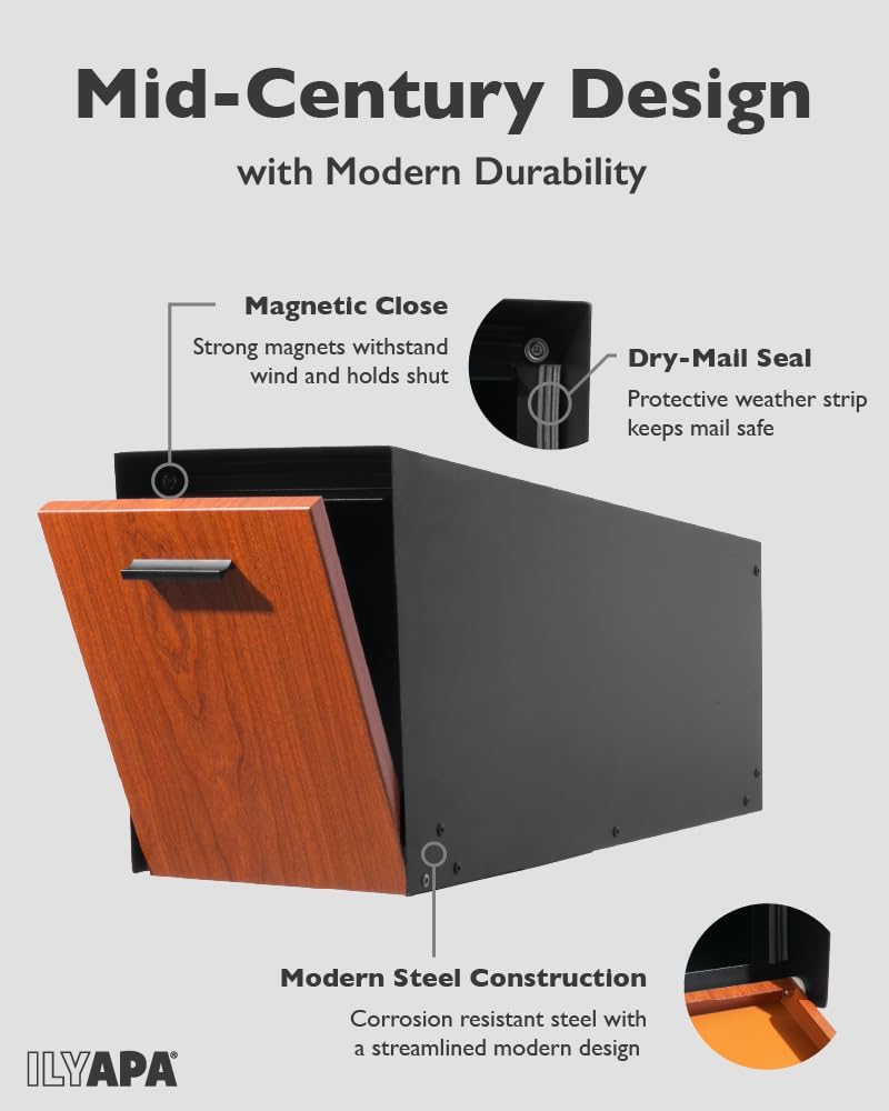 Modern Mailbox Post Mount - Large Mailbox - Black Metal Mail Box - Powder Coated Steel - All Weather Resistant