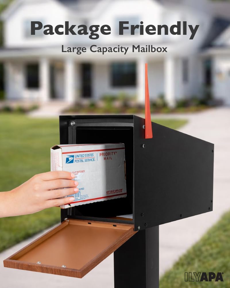 Modern Mailbox Post Mount - Large Mailbox - Black Metal Mail Box - Powder Coated Steel - All Weather Resistant