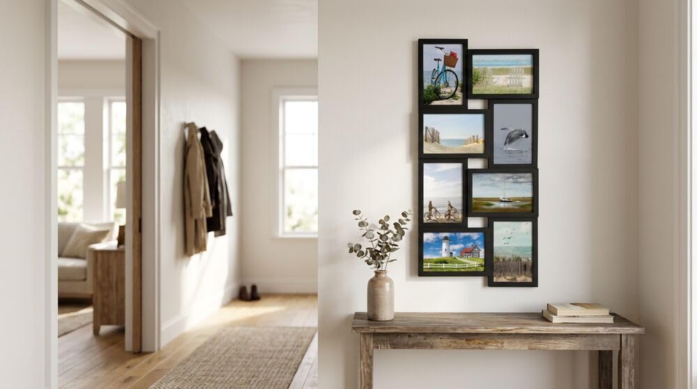8-Opening Collage Picture Frame for Wall, Holds Eight 4x6 Photos, Black Plastic, Horizontal or Vertical Hanging, 23.5