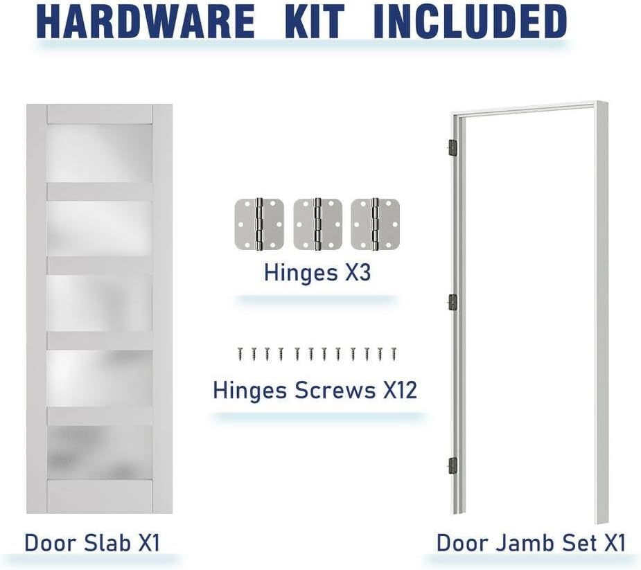 Prehung Interior Door, 32" x 80", 5-Lite Frosted Glass, Prehung Door, Right-Handed, White MDF with Door Jamb &