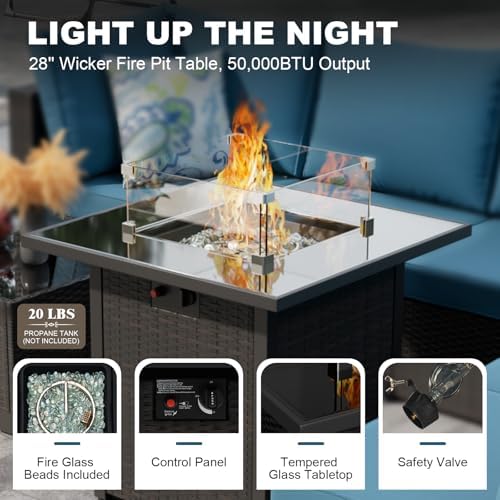 8-Piece Wicker Outdoor Patio Furniture Set - Fire Pit | Brown with Thick Cushions for Backyard, Garden & Porch