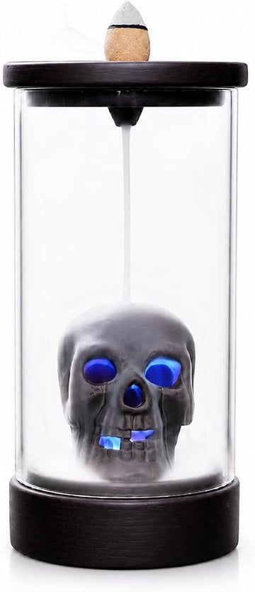 Skull Backflow Incense Burner with Glass Dome, Gothic Skeleton Incense Holder with Waterfall Smoke Effect & LED