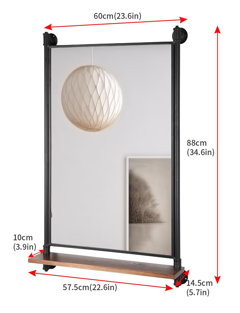 Industrial Pipe Wall Mirror with Shelf, Rustic Bathroom Mirror with Shelves