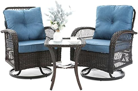 3-Piece Wicker Outdoor Patio Furniture Set - Swivel | Blue for Patio, Garden & Porch