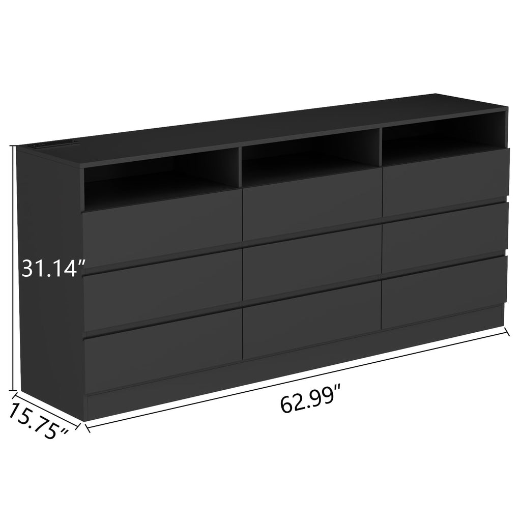 63" Black 9-Drawer Dresser w/Power Outlet, LED Light