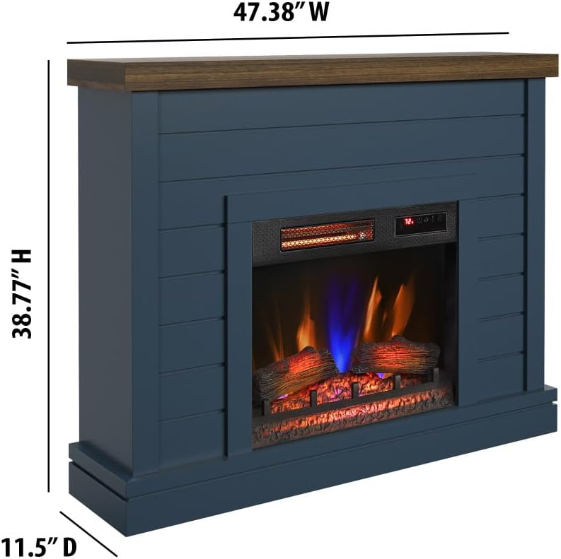 Shiplap Wall Mantel Electric Fireplace, Freestanding Fireplace Heater with Realistic Flame Effect, Blue Finish