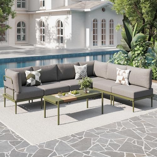 7-Piece Metal Outdoor Patio Furniture Set | Gray with Thick Cushions for Patio, Garden & Porch