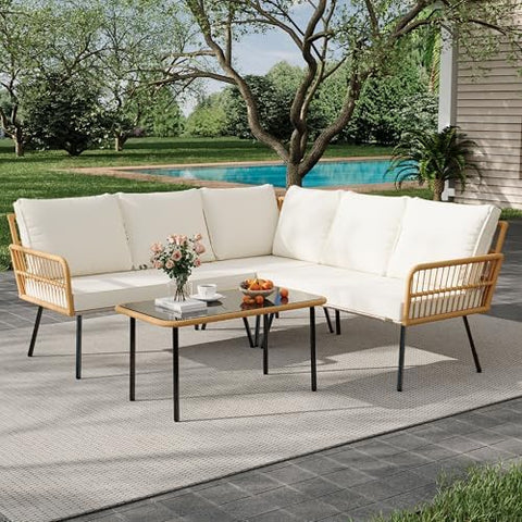 4-Piece Wicker Outdoor Patio Furniture Set | Beige for Backyard, Garden & Porch