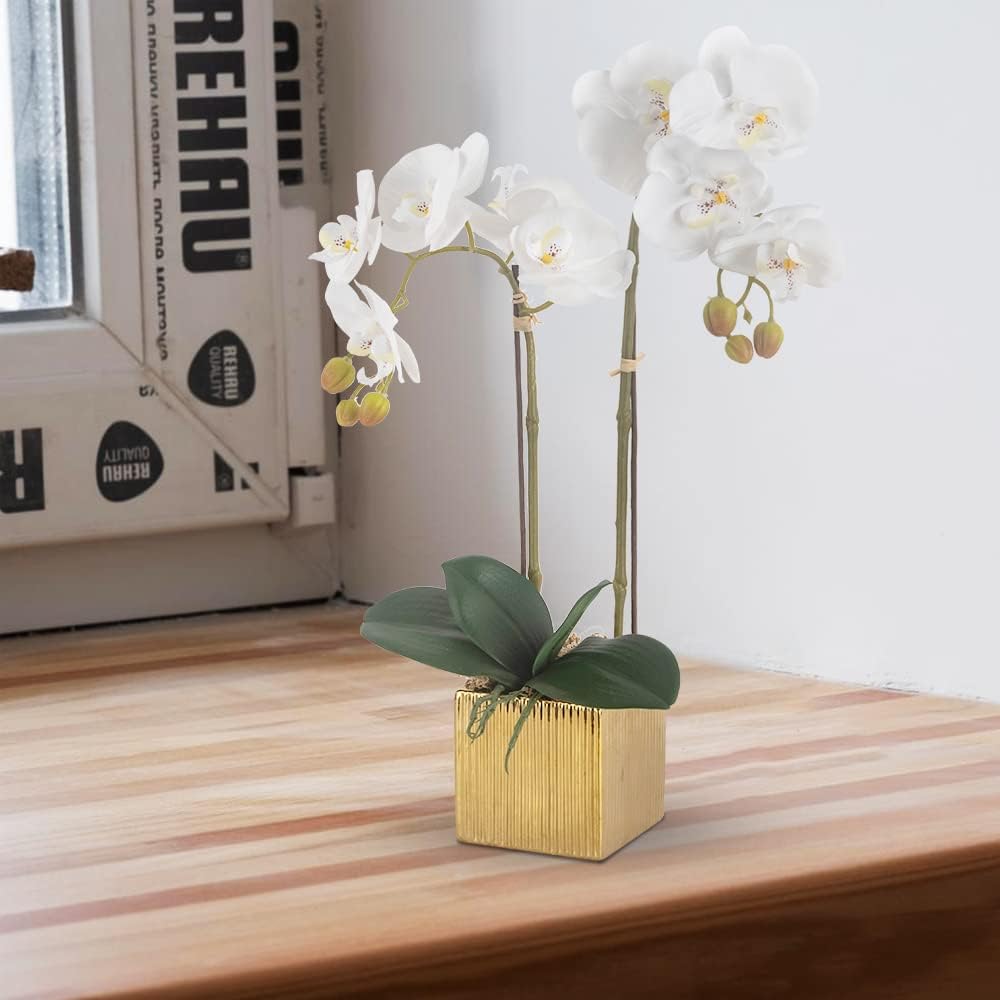 Artificial Orchid Flowers Potted in Ceramic Pot, White Faux Phalaenopsis Orchids for Table Centerpiece, Realistic