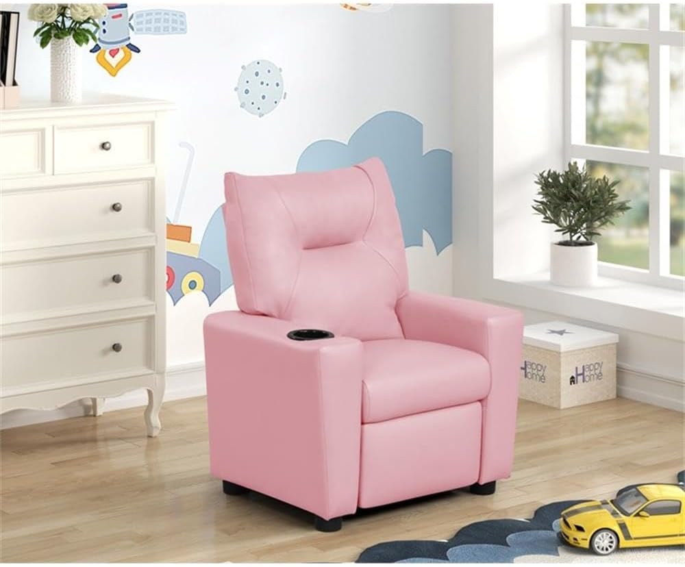 Perline 23" W Pink PU Leather Kids Recliner Chair - Faux Leather Toddler Armchair with Cup Holder and Soft Padded