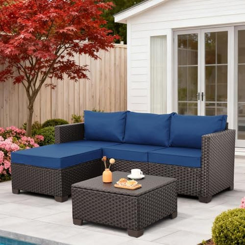 3-Piece Wicker Outdoor Patio Furniture Set | Navy Blue All-Weather Resistant for Patio, Garden & Porch