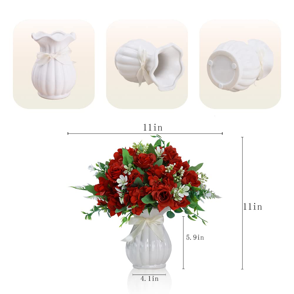 Artificial Rose Silk Hydrangea Flowers Bouquets with Vase Rustic Fake Flowers Decoration Table Centerpiece(Claret Red)