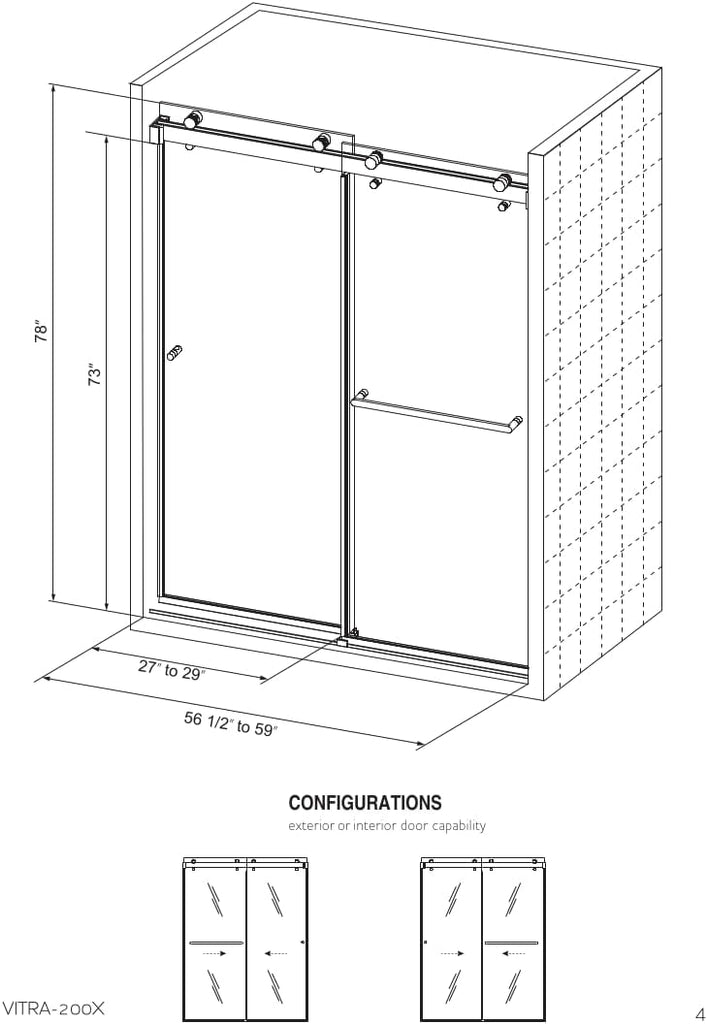 VITRA-200 56.5-59" W x 78" H Frameless Shower Door, Double Sliding with 3/8" Clear Tempered Glass (Matte Black)