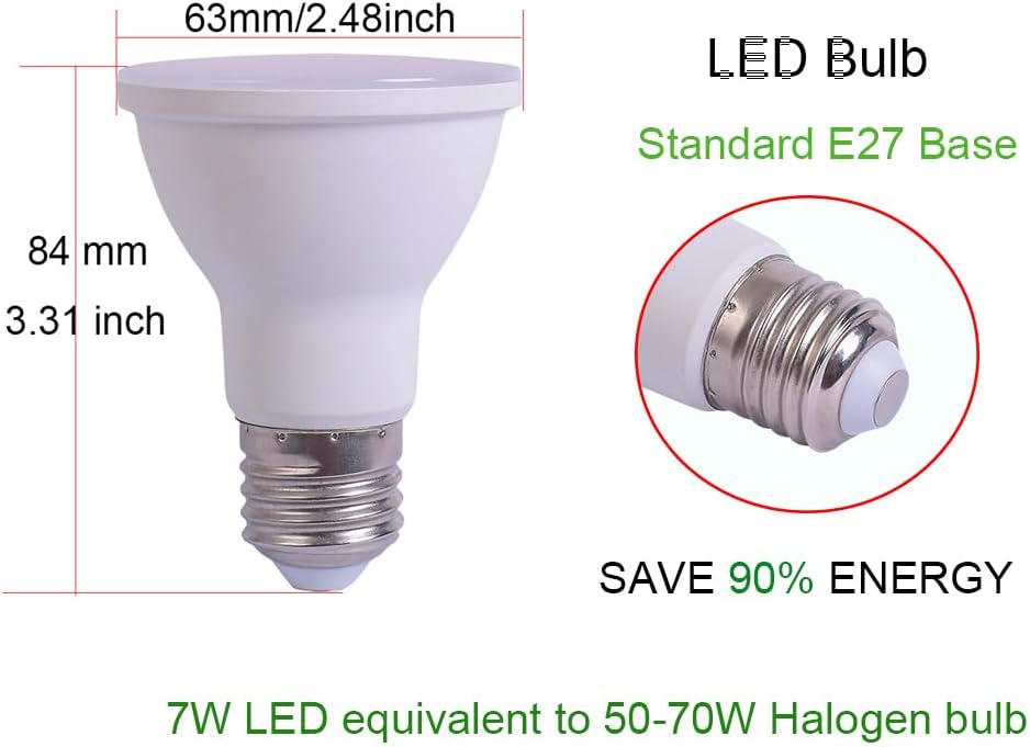 PAR20 E27 120V Dimmable 7W 2700K Warm White led Bulb Equivalent to 60W 70W Halogen Bulb (2700K Warm White)