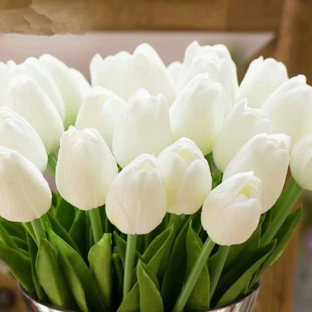 30PCS Real-Touch PU Artificial Tulip Flowers Wedding Party Decor (Pure White)