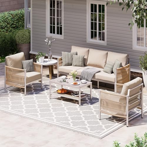 4-Piece Aluminum Outdoor Patio Furniture Set - Conversation | Beige with Thick Cushions for Patio, Garden & Porch