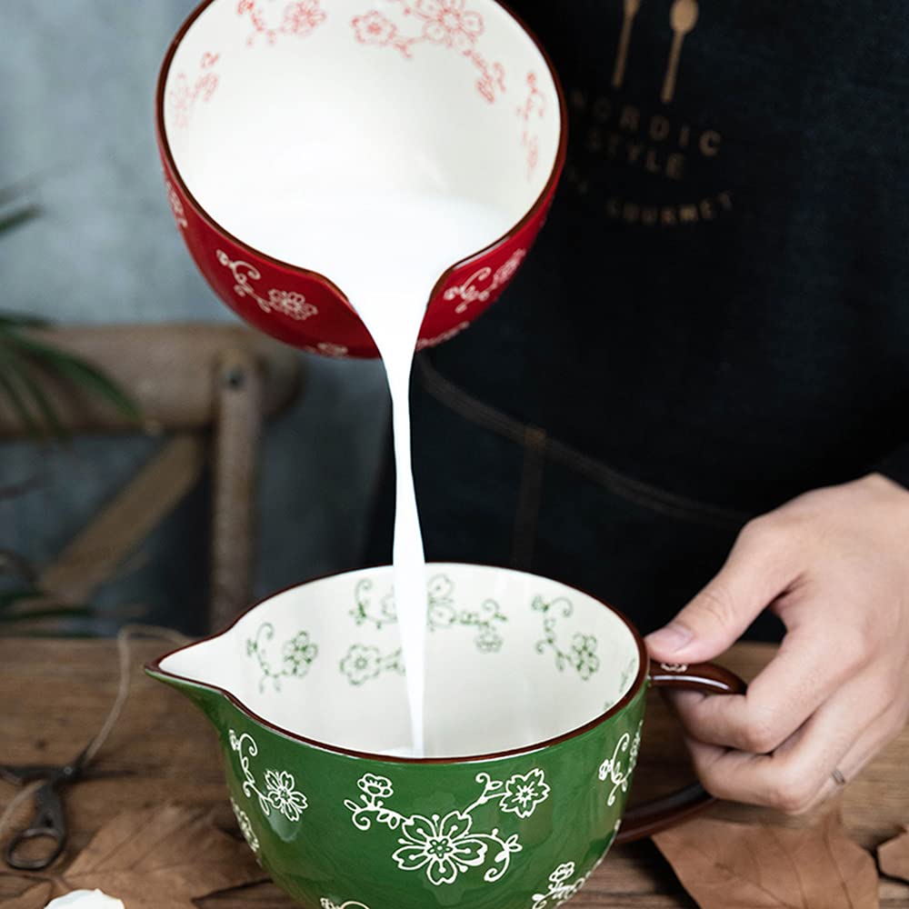 Cherry Blossom Pattern Kitchen Ceramic Mixing Bowl, 1 Quart Large Bowl, with Pouring Spout and Handle