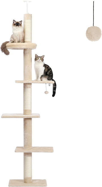 5-Tier Floor to Ceiling Cat Tree, 95-107In Tall Cat Tower Beige