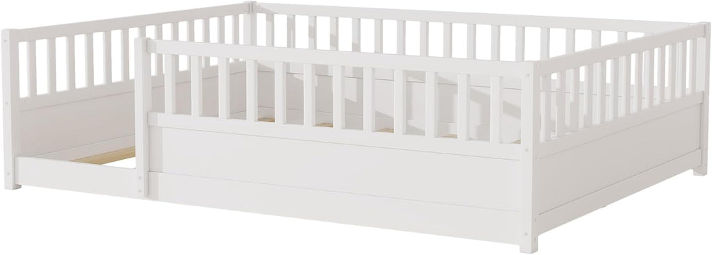 Kids Montessori Floor Bed Frame with High Fence, White