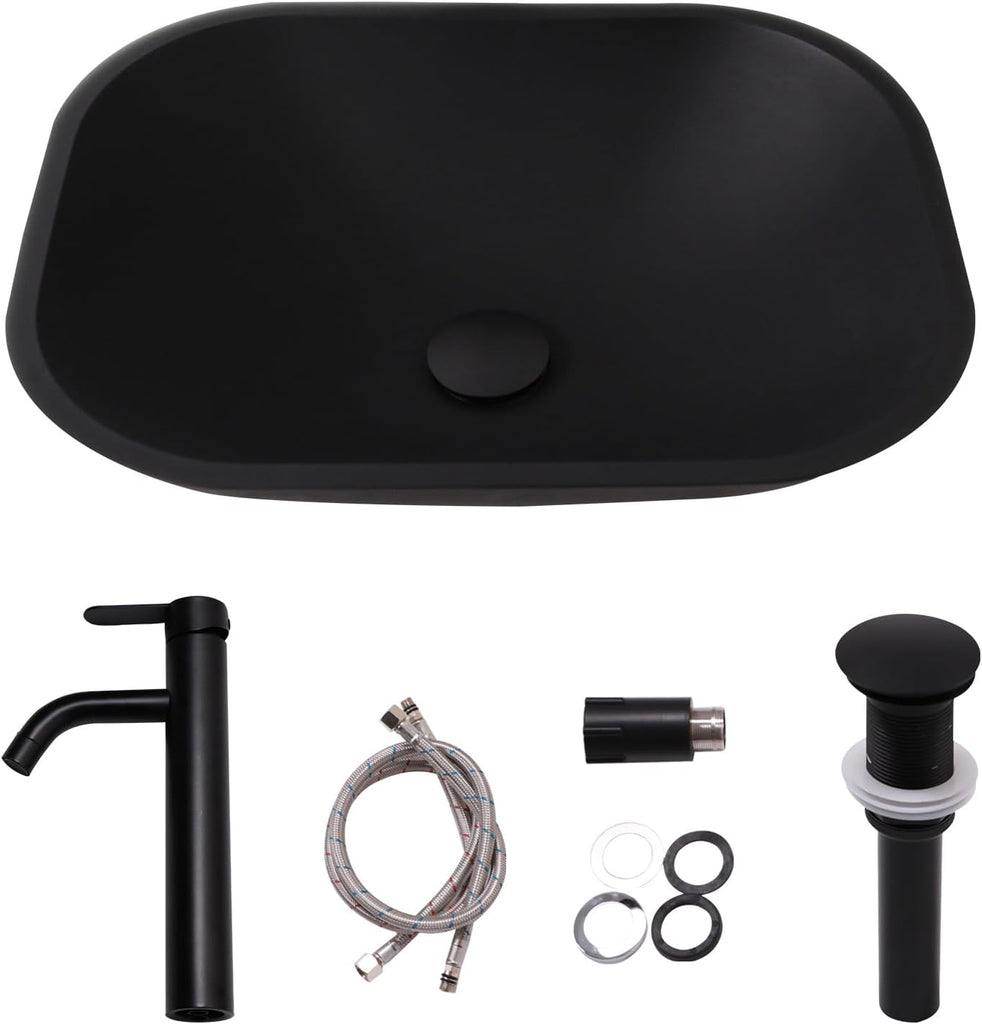 Bathroom Vessel Sink Tempered Glass Bowl Vessel Sink with Faucet and Pop-up Drain Combo Matte Black Countertop