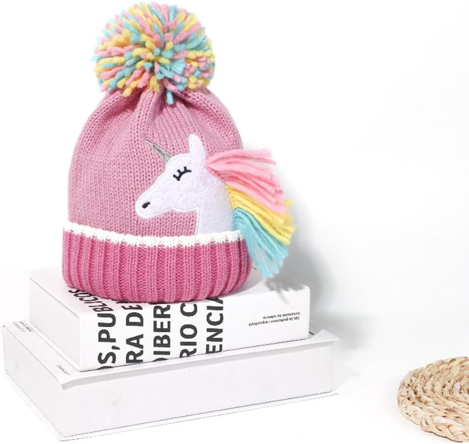 Knitted Kids Winter Hat Gloves Scarf Set, Toddler Unicorn Beanie Hats with Top Pom for Girls 3-6 Red