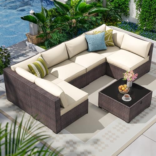 7-Piece Rattan Outdoor Patio Furniture Set | Brown with Thick Cushions for Patio, Garden & Porch