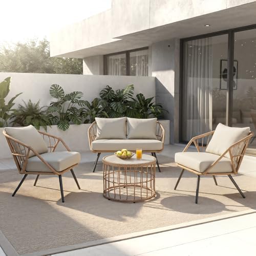 4-Piece PE Rattan Outdoor Patio Furniture Set | Beige with Thick Cushions for Backyard, Garden & Porch