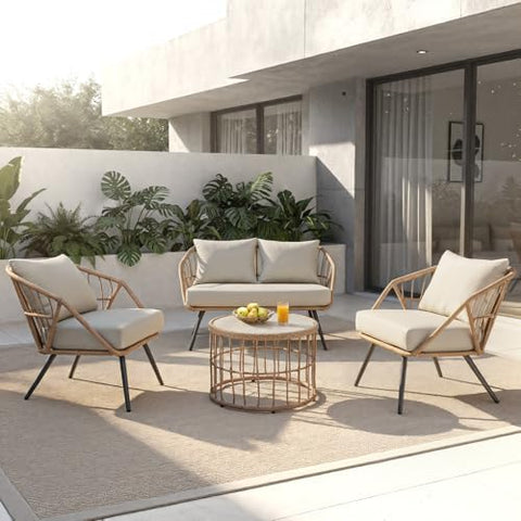 4-Piece PE Rattan Outdoor Patio Furniture Set | Beige with Thick Cushions for Backyard, Garden & Porch
