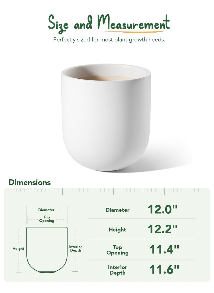 12 Inch Ceramic Pots for Plants, Large Planter, White