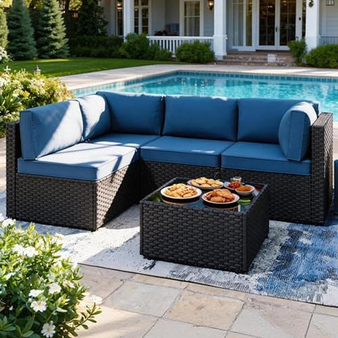 5-Piece Rattan Outdoor Patio Furniture Set | Black All-Weather Resistant for Patio, Garden & Porch