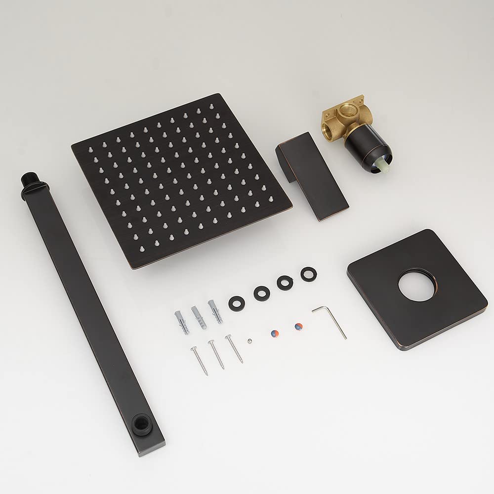 Oil Rubbed Bronze Shower Faucet Set, Single Function Shower Trim Kit with Rough-in Valve, Square Rain Shower Head