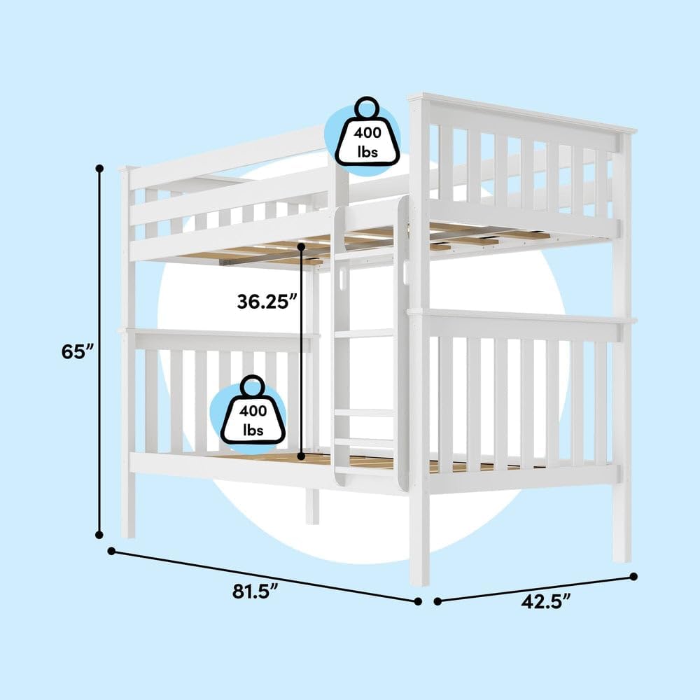 Bunk Bed Twin over Twin, Solid Wood Bunk Bed Frame with Ladder for Kids, 14" Safety Guardrails, Easy Assembly