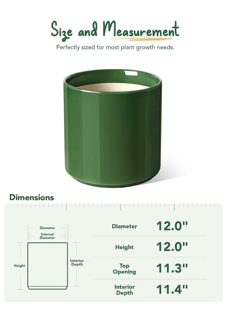 12 Inch Pot for Plants, Ceramic Indoor Planter, Bamboo Green