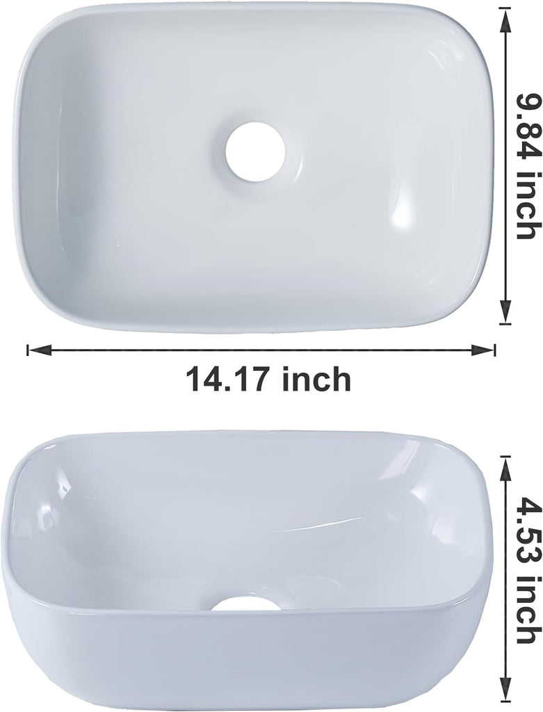 Bathroom Vessel Sink Small, 14" x 10" Above Counter White Porcelain Ceramic RV Bathroom Sink Countertop Vanity Restroom Sinks Bowl, Wash Basin for Bathrooms A131-B0CQ8854CW
