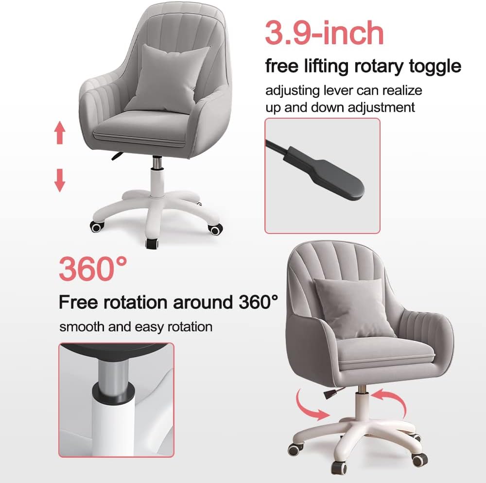 Velvet Desk Chair with Pillow Upholstered Vanity Chair for Girls Women, Home Office Computer Task Chair with Wheels
