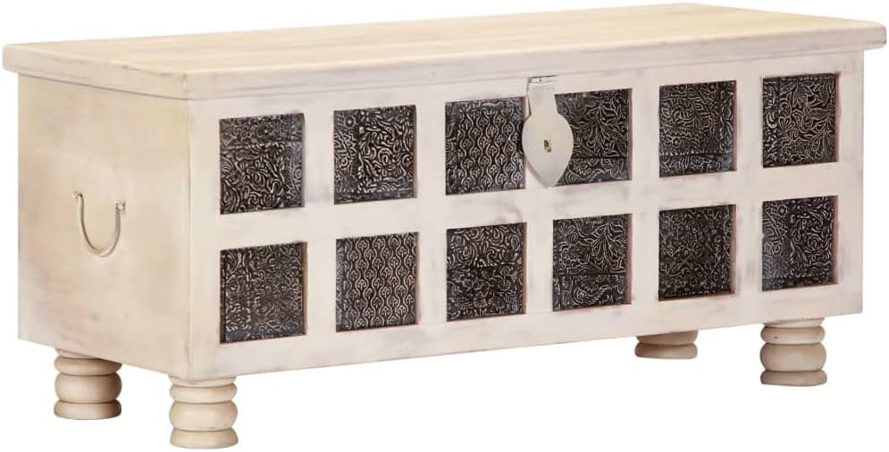 Wooden Storage Chest 43.3 inch, White Acacia Wood Trunk with Carved Panels, Large Decorative Blanket Storage Box