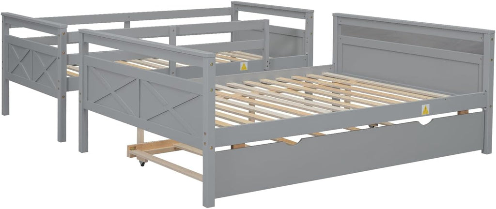 Trundle Bunk Bed, Twin Over Full Wood Bunk Bed with Twin Trundle, Solid Wood Bunk Bed Frame with Guardrail and Ladder