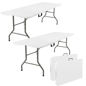 2 Pack 6 Feet Portable Folding Table White, Steel Legs Fold-in-Half with Carrying Handle Rectangular Plastic Foldable