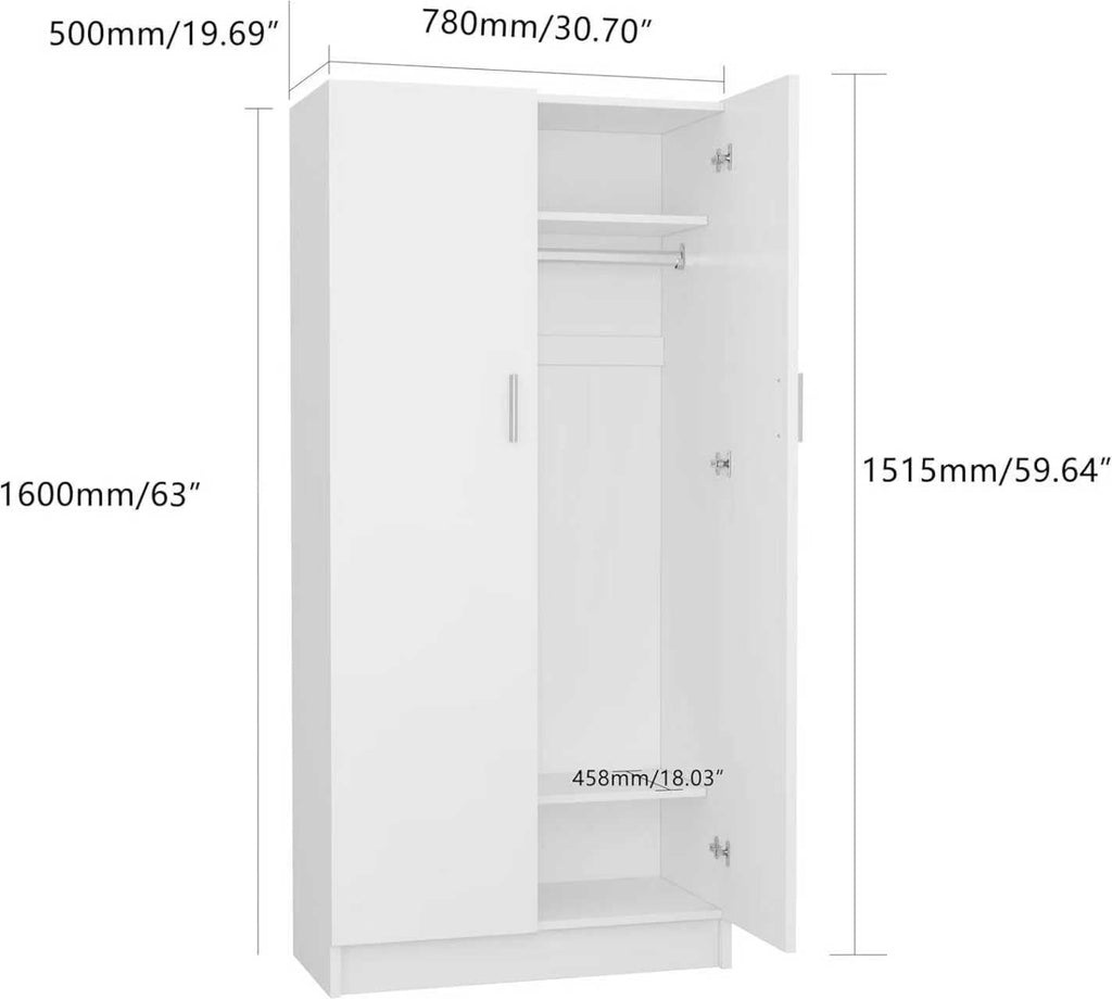 2 Door Wood Wardrobe Closet with Hanging Rail and 2 Shelves, Bedroom Armoire for Clothes Storage, 19.7" D x 30.7" W x