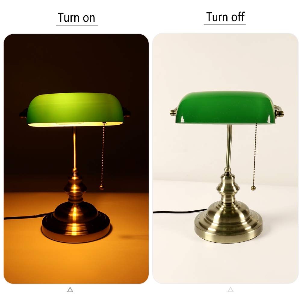 Glass Bankers Desk Lamp with Pull Chain Switch Plug in Fixture (Green)