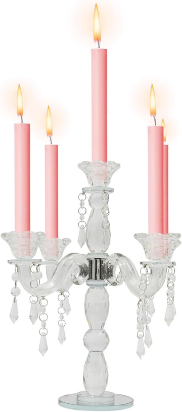 5-Arm Crystal Candelabra with Hanging Prisms & Round Mirror Base, Faceted Cut Crystal Glass, Clear Wedding