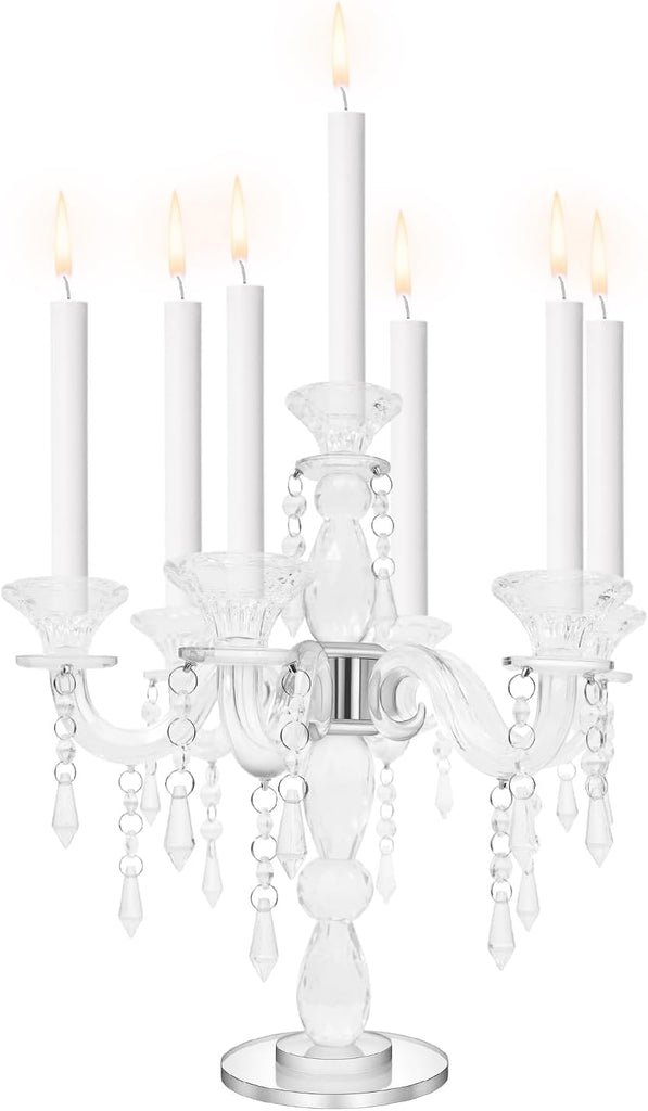 7 Arm Crystal Candelabra for Dining Table Centerpiece, 14 Inch Tall Glass Candle Holder, Elegant Clear Candle