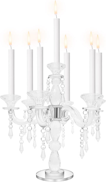 7 Arm Crystal Candelabra for Dining Table Centerpiece, 14 Inch Tall Glass Candle Holder, Elegant Clear Candle