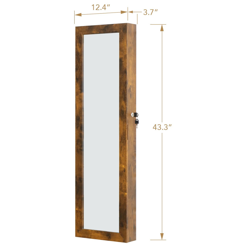 Full Length Mirror Jewelry Cabinet Organizer Lockable Door Wall-Mounted Jewelry Armoire with Shelves and Behind the