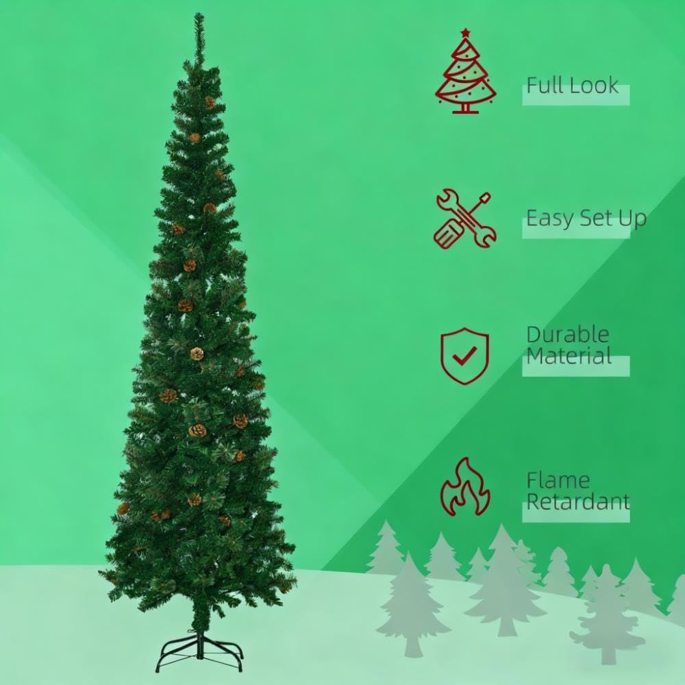 Slim Artificial Christmas Tree, Unlit Pencil Tree with Pine Cones